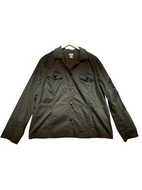 Chico's Women's Lace Applique Embellished Utility Jacket Size 16/18 Olive Green